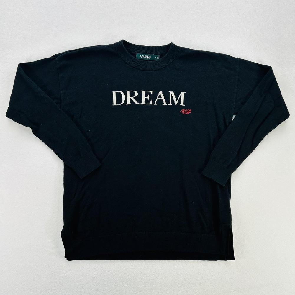 Lauren Ralph Lauren Sweater Womens Medium Black Dream Quote Crewneck Pullover